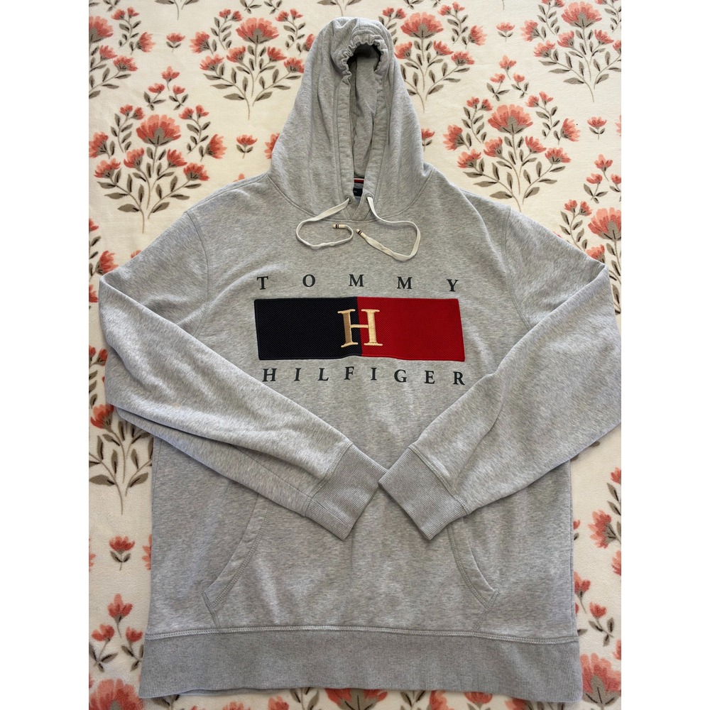 Tommy Hilfiger Mens XL Grey Embroidered Logo Pullover Hoodie Sweatshirt